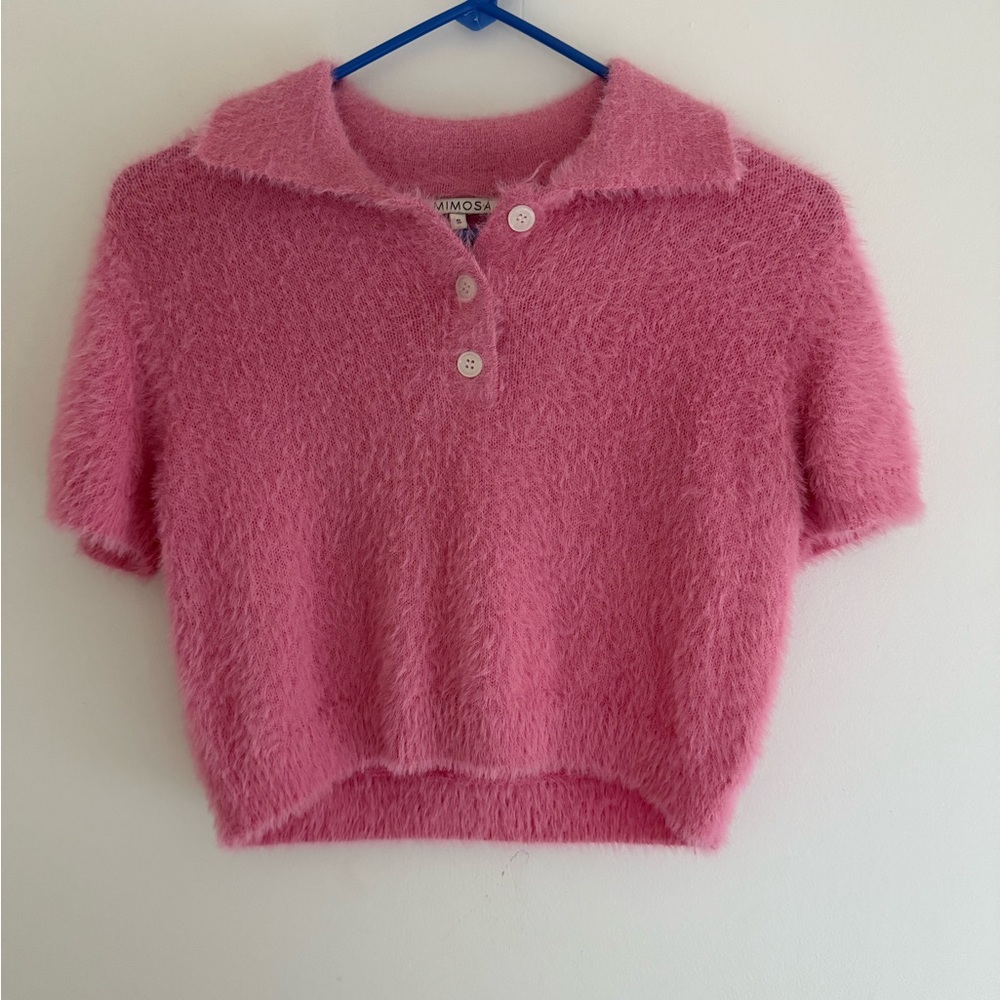 Pink Fuzzy Short Sleeve Top w Collar